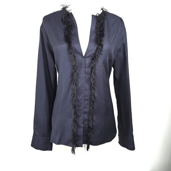 Helmut Lang Black Navy Twill Fringe Feather Silk Long Sleeve Blouse - Picture 9 of 11